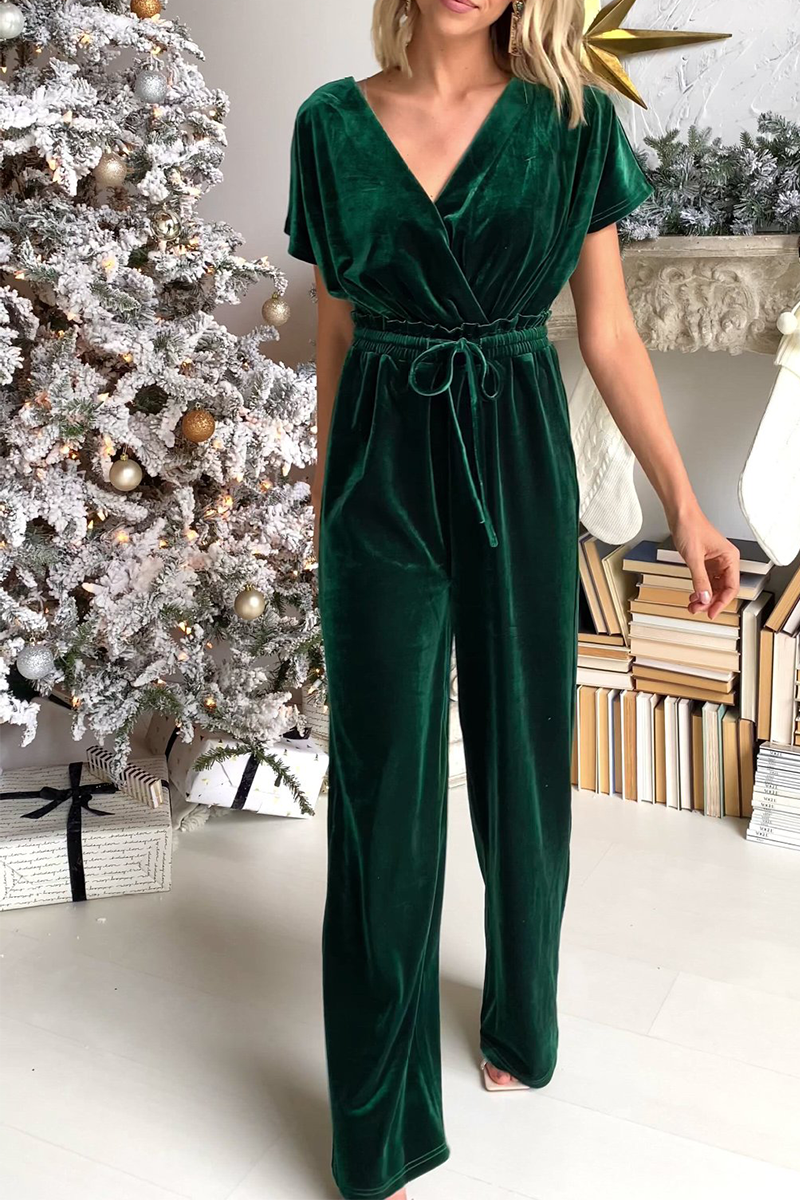 Casual Solid Split Joint V Neck Straight Jumpsuits