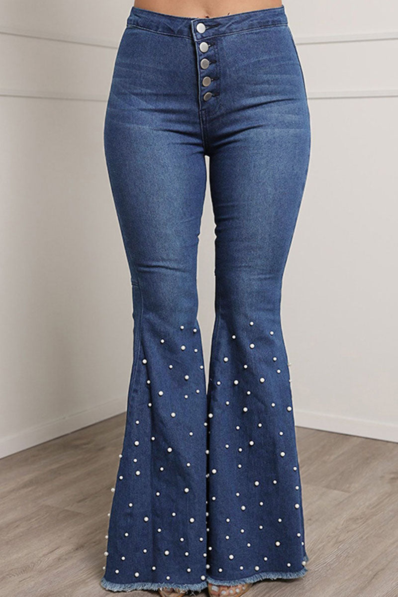 Casual Street Solid Patchwork Beading High Waist Boot Cut Denim Jeans