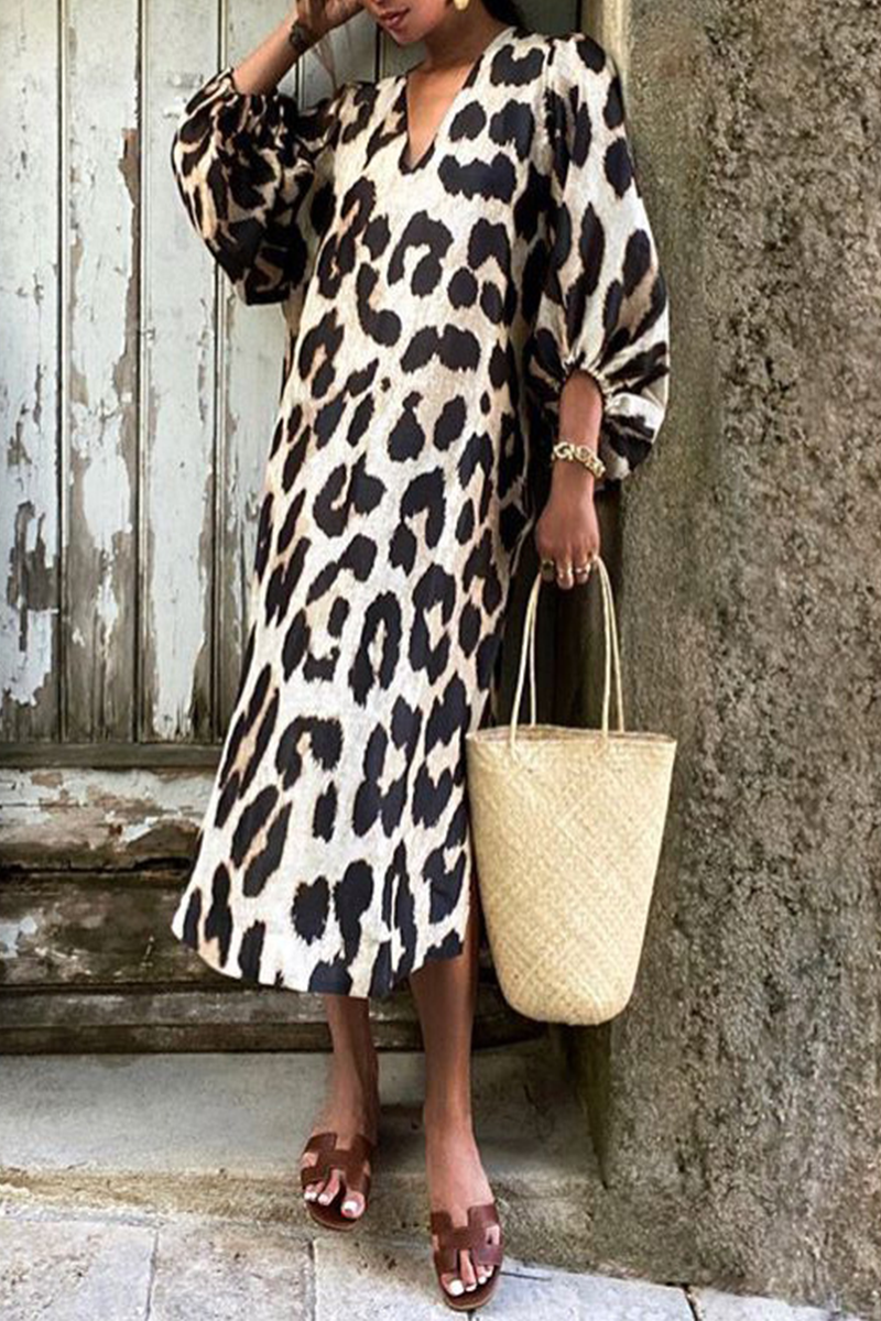 Casual Leopard Split Joint V Neck Straight Dresses