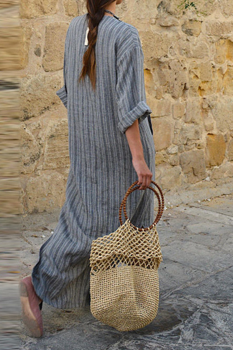 Casual Striped Split Joint V Neck Straight Dresses