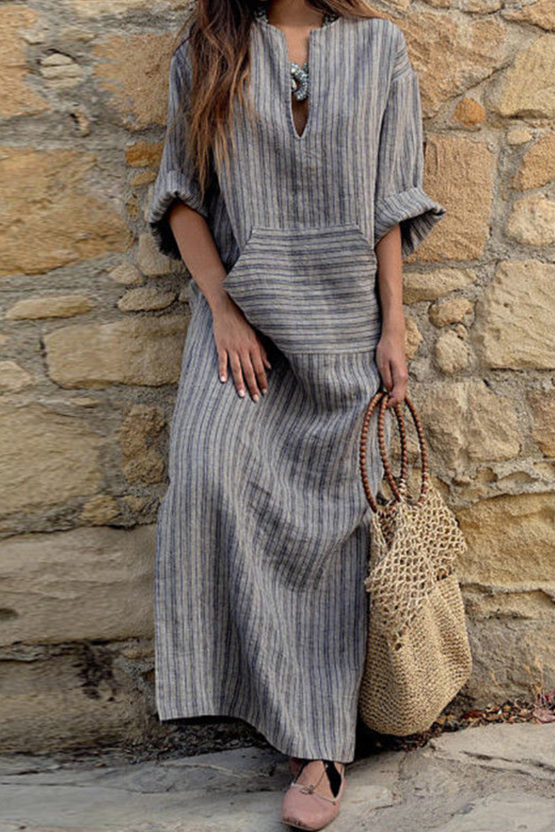 Casual Striped Split Joint V Neck Straight Dresses