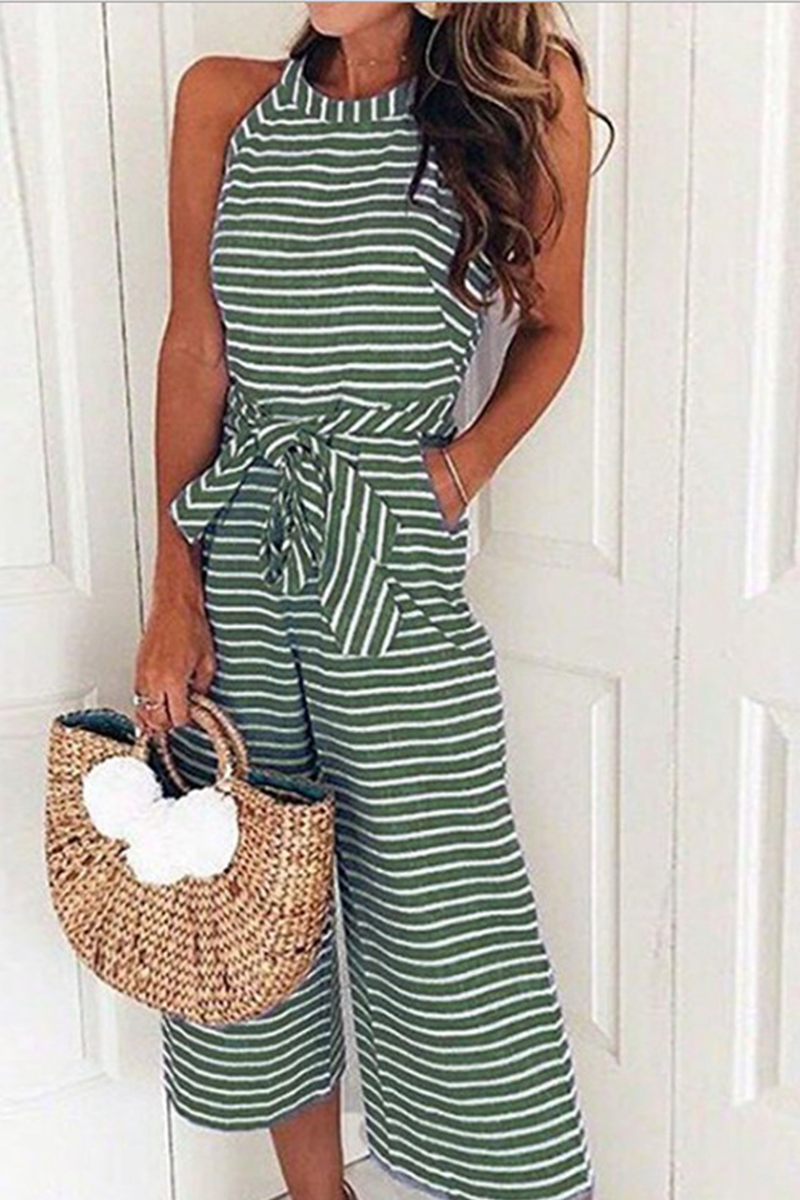 Casual Striped Patchwork O Neck Loose Jumpsuits