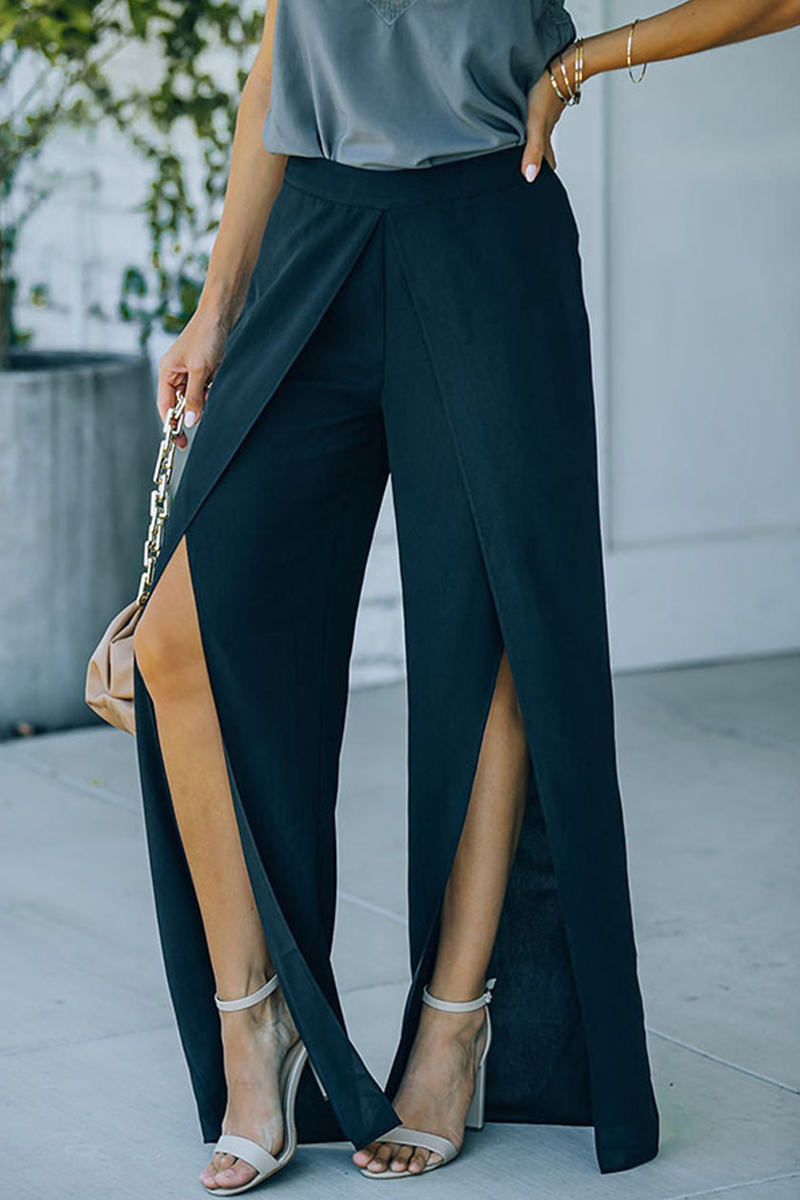 Casual Solid Slit Boot Cut Mid Waist Speaker Solid Color Bottoms