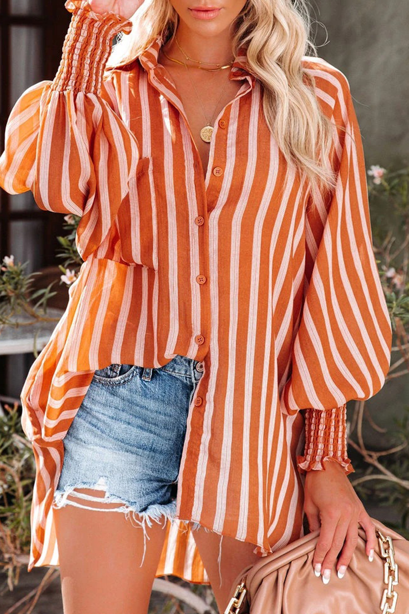 Casual Striped Split Joint Turndown Collar Tops