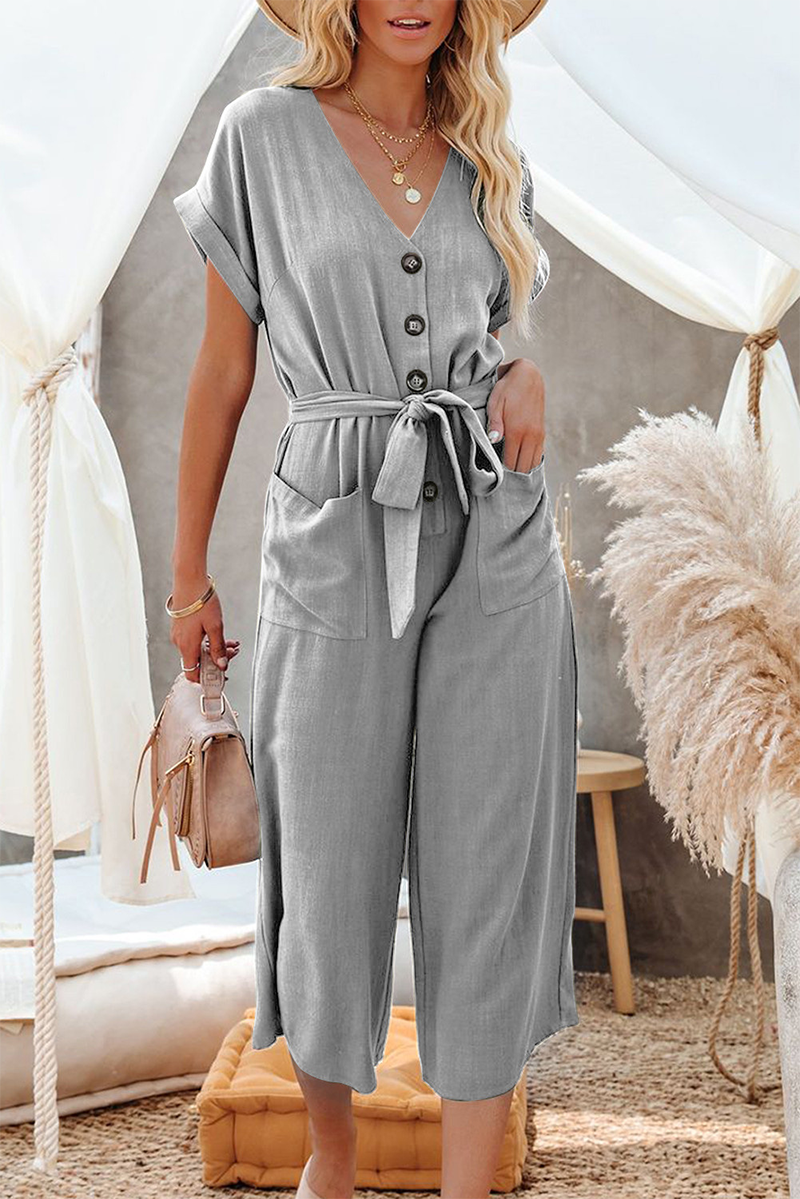 Casual Solid Split Joint V Neck Straight Jumpsuits