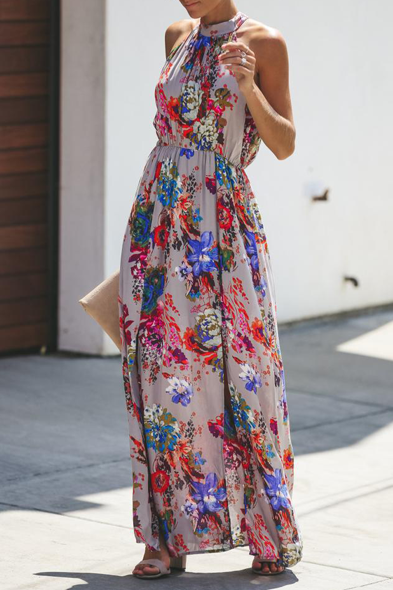 Casual Print Patchwork Halter Waist Skirt Dresses