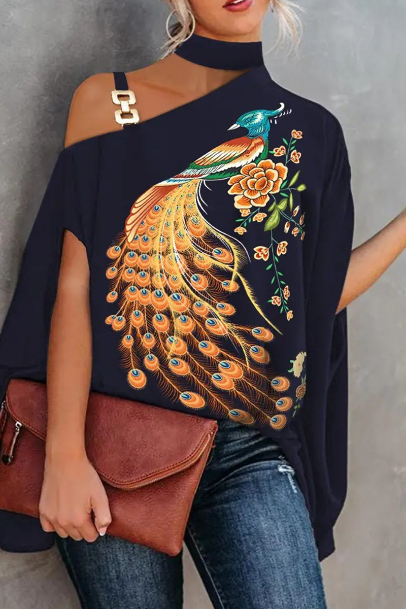 Fashion Print Patchwork One Shoulder Tops