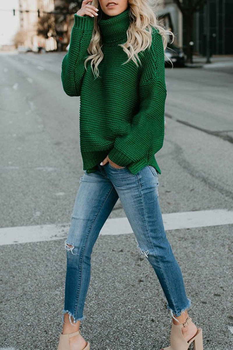 Fashion Solid Patchwork Turtleneck Tops