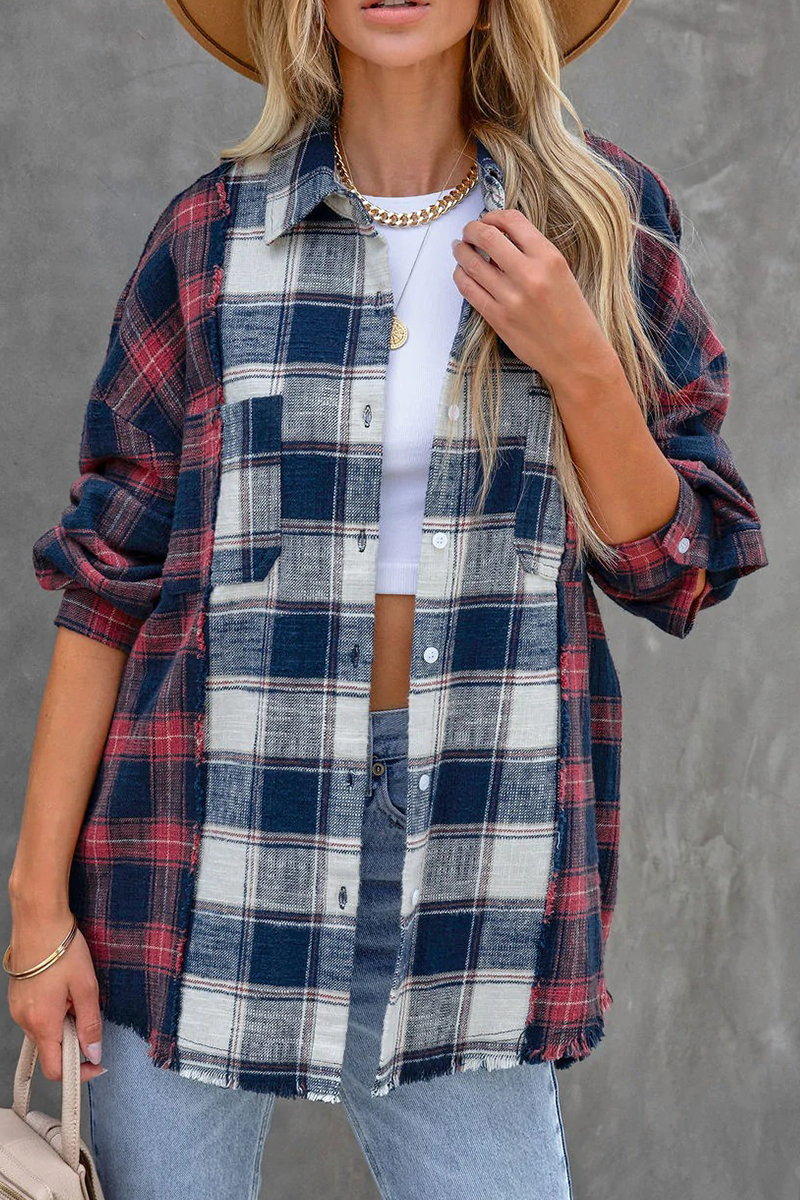 Casual Plaid Patchwork Turndown Collar Blouses