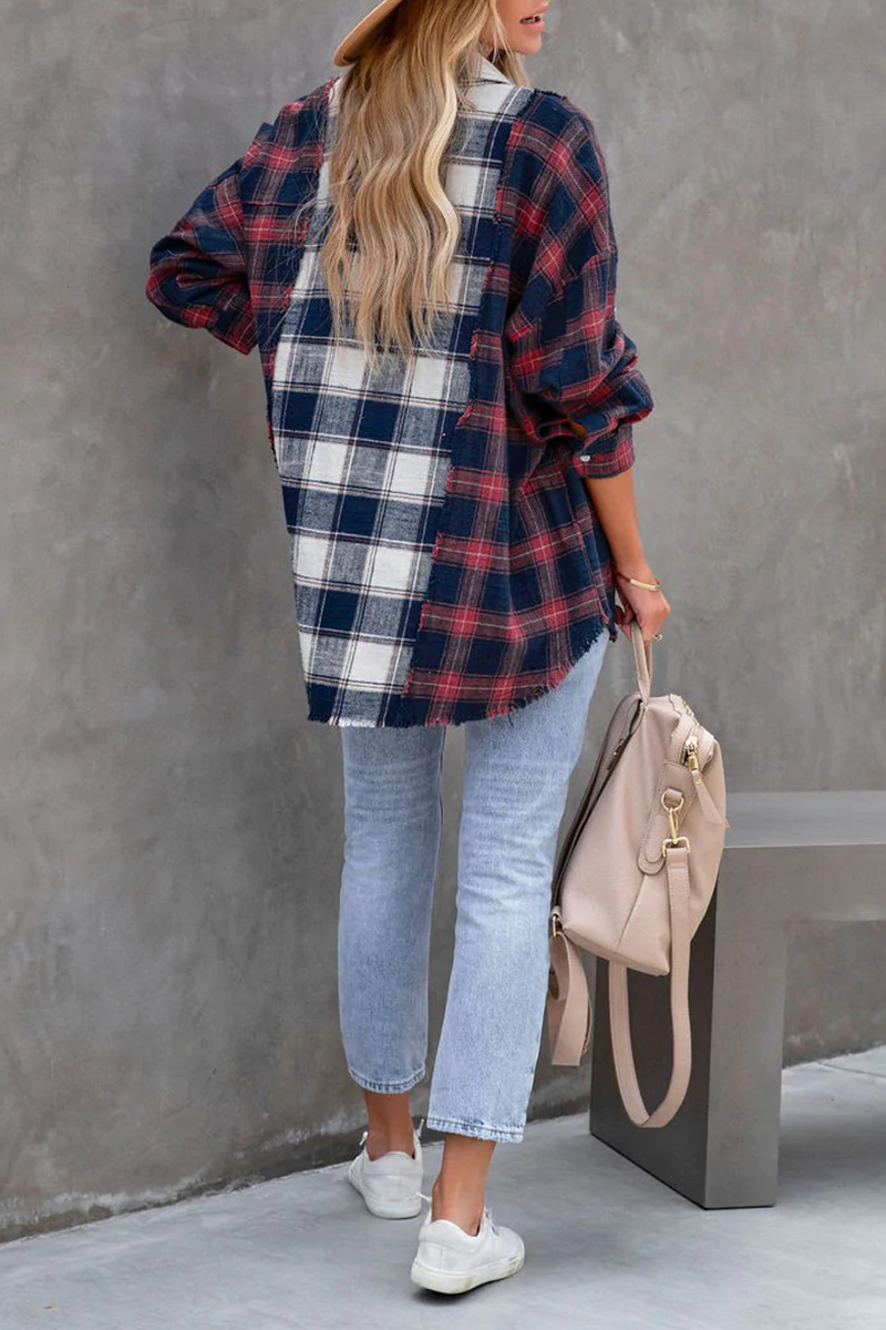 Casual Plaid Patchwork Turndown Collar Blouses