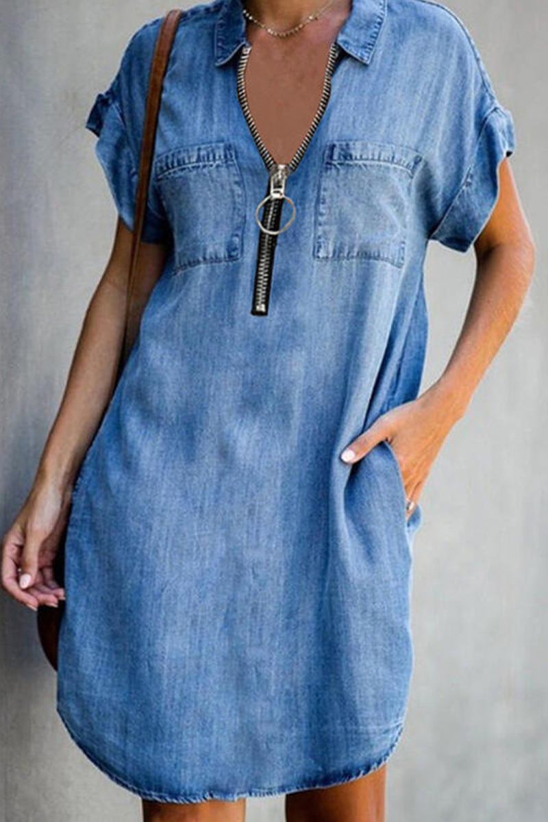 Casual Solid Patchwork Turndown Collar Short Sleeve Straight Denim Dresses