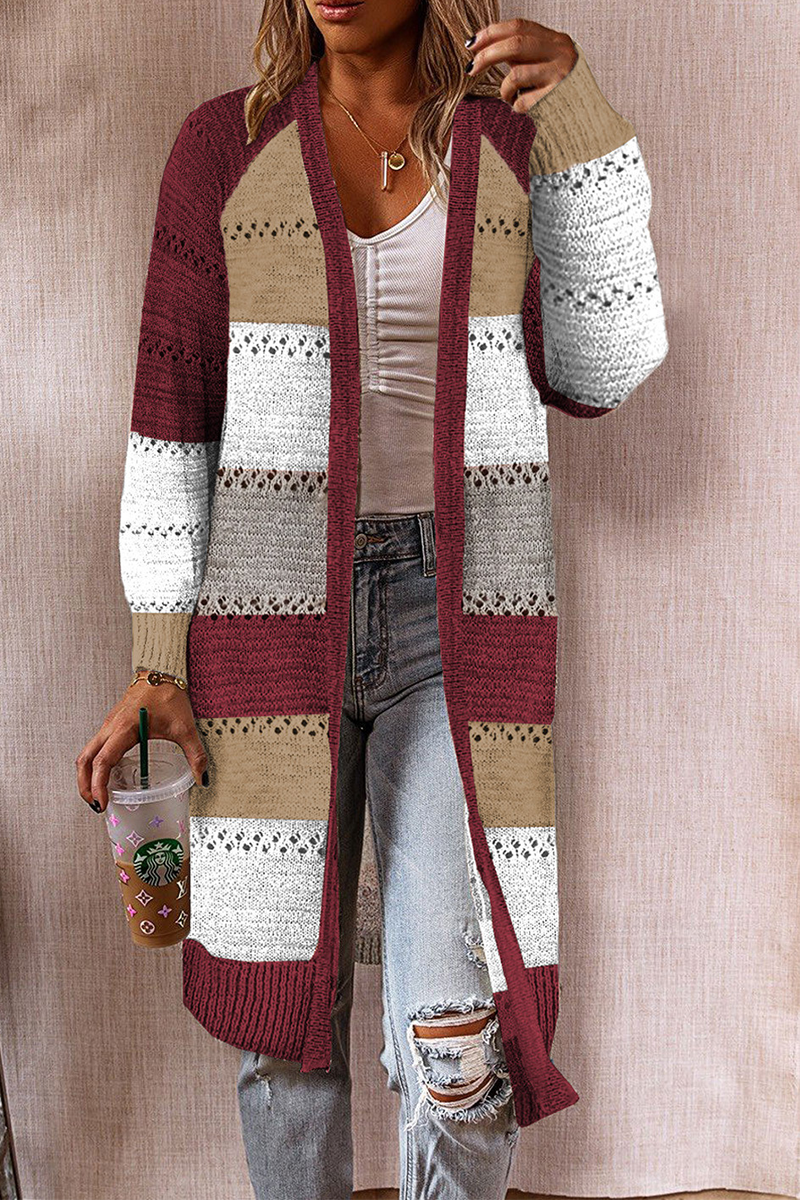 Casual Patchwork Hollowed Out Cardigan Collar Outerwear