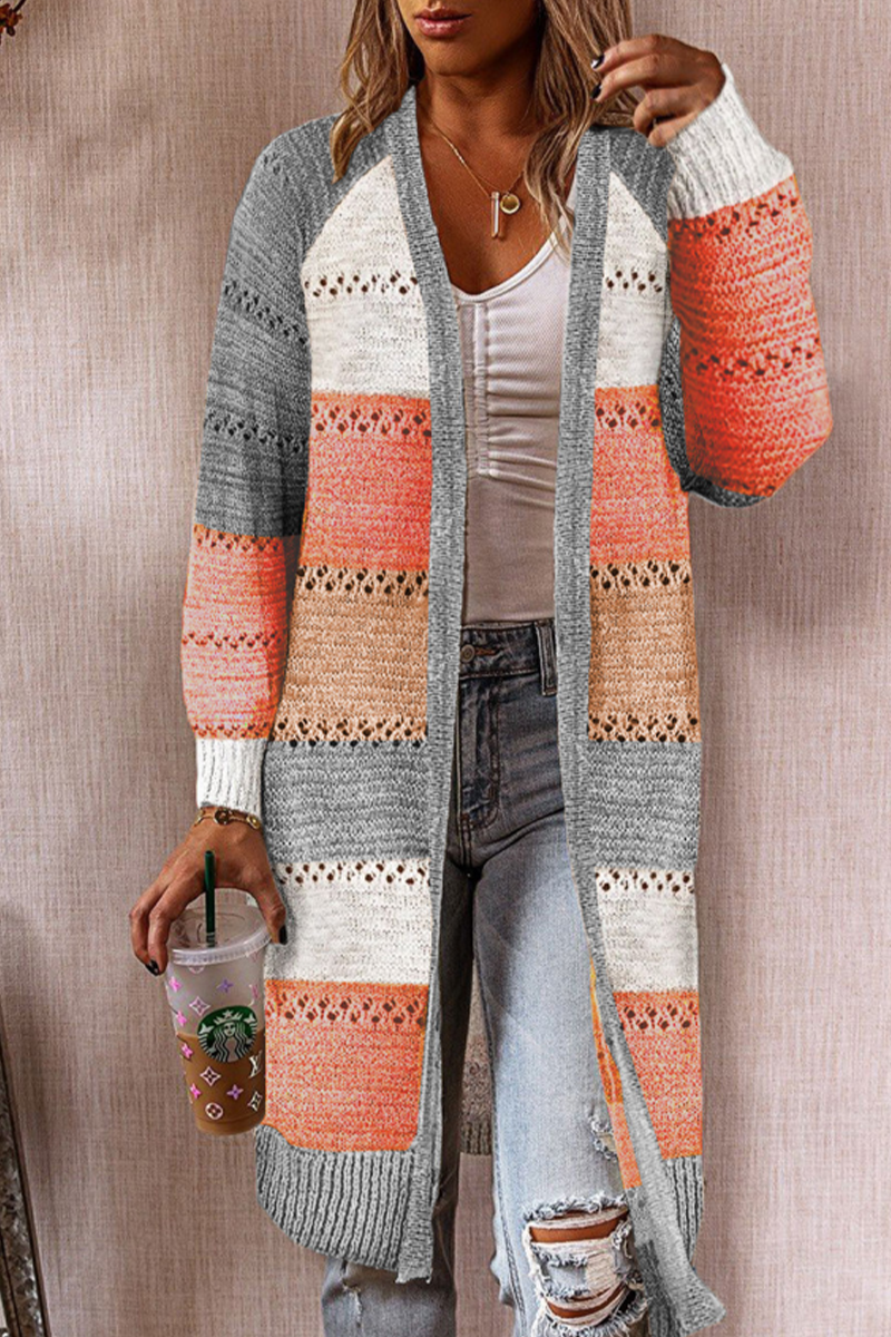 Casual Patchwork Hollowed Out Cardigan Collar Outerwear