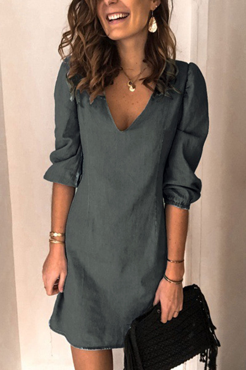 Casual Solid V Neck Dress Dresses(4 Colors)