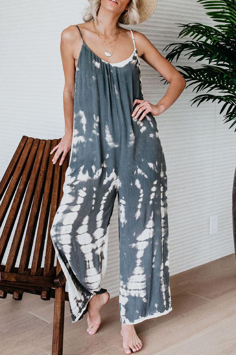 Casual Patchwork Tie-dye Spaghetti Strap Straight Jumpsuits(10 Colors)