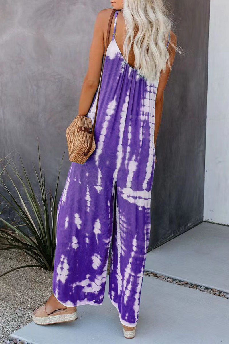 Casual Patchwork Tie-dye Spaghetti Strap Straight Jumpsuits(10 Colors)