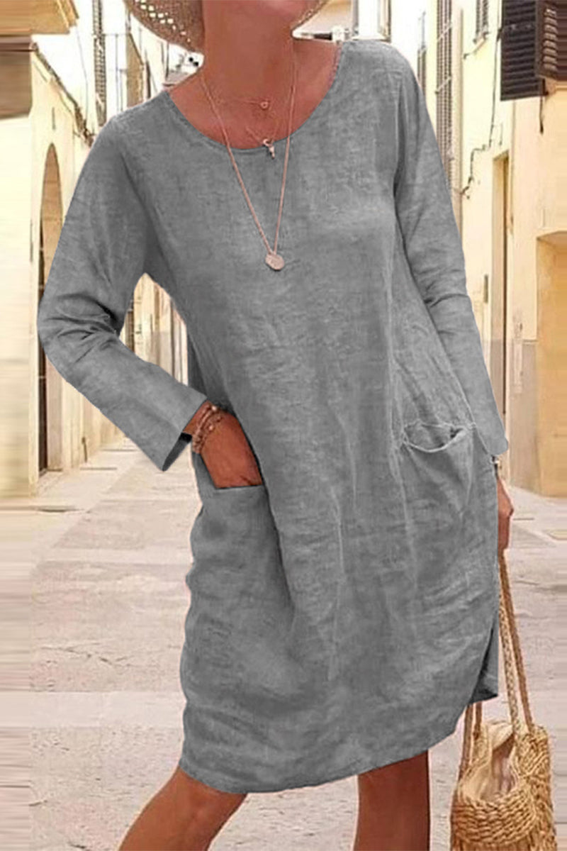 Casual Solid Patchwork Pocket V Neck Dresses