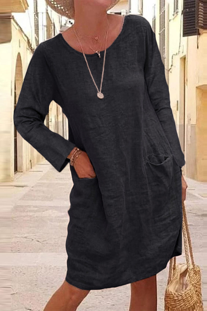 Casual Solid Patchwork Pocket V Neck Dresses