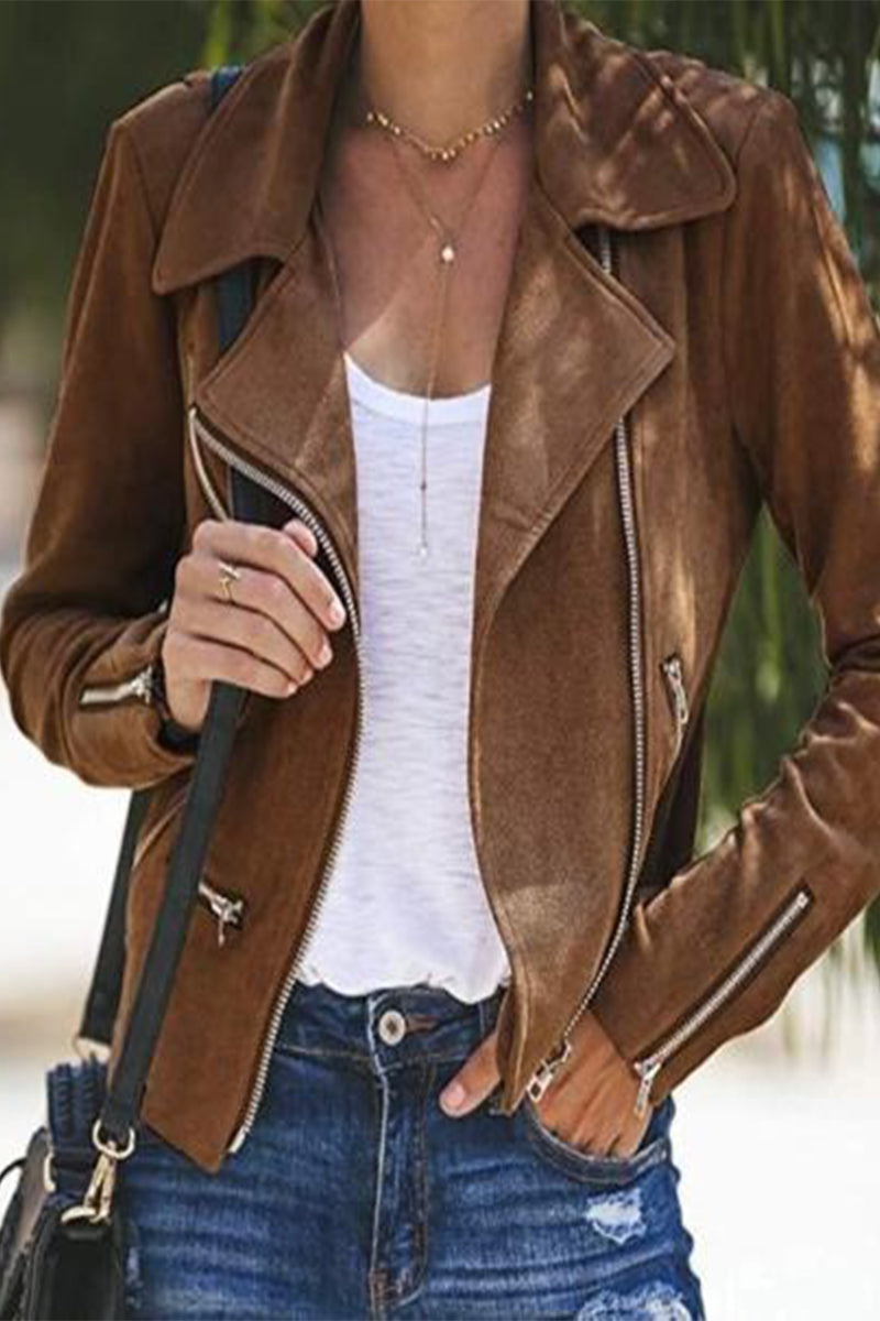 Casual Solid Zipper Turndown Collar Outerwear