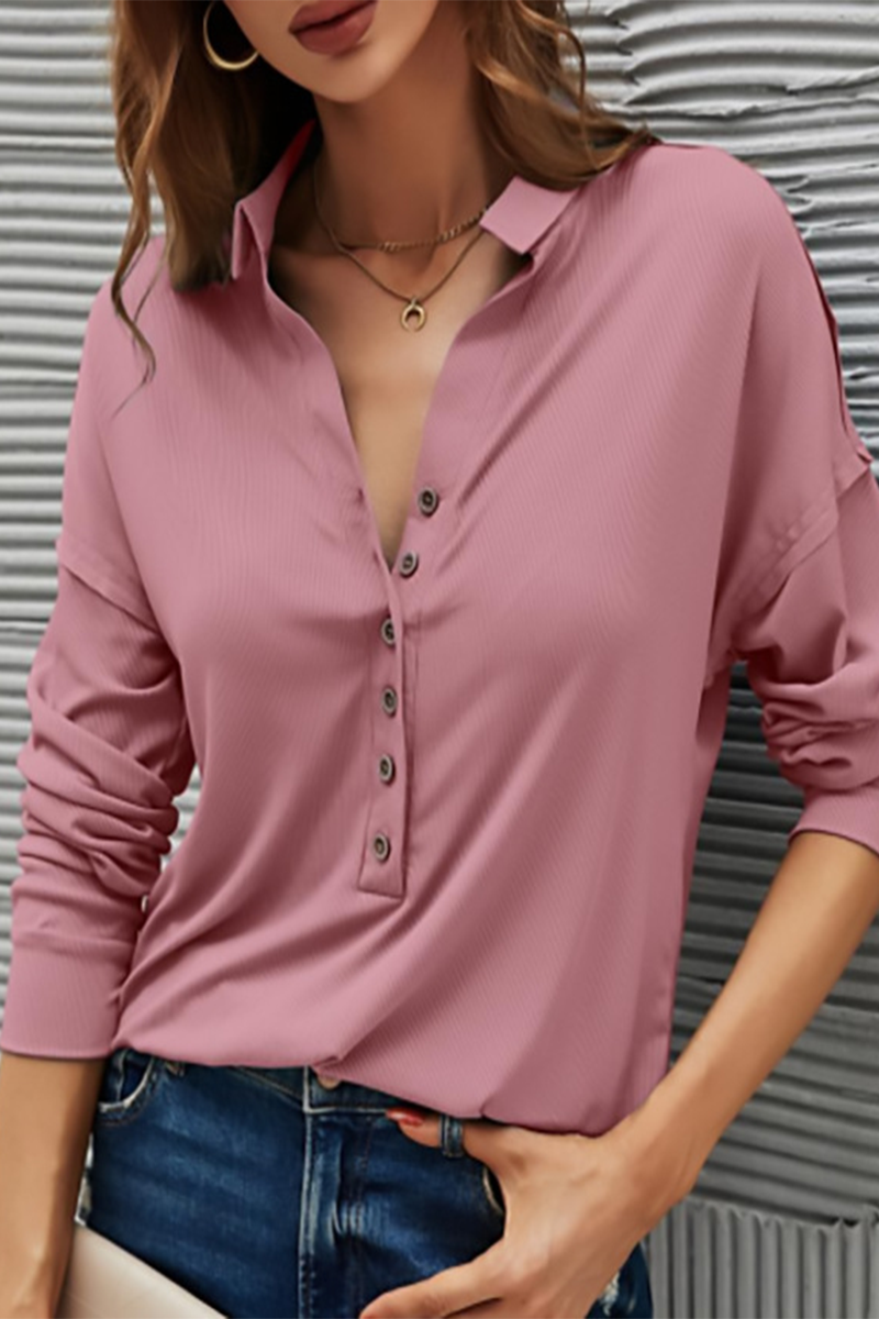 Casual Solid Buttons Solid Color Turndown Collar T-Shirts