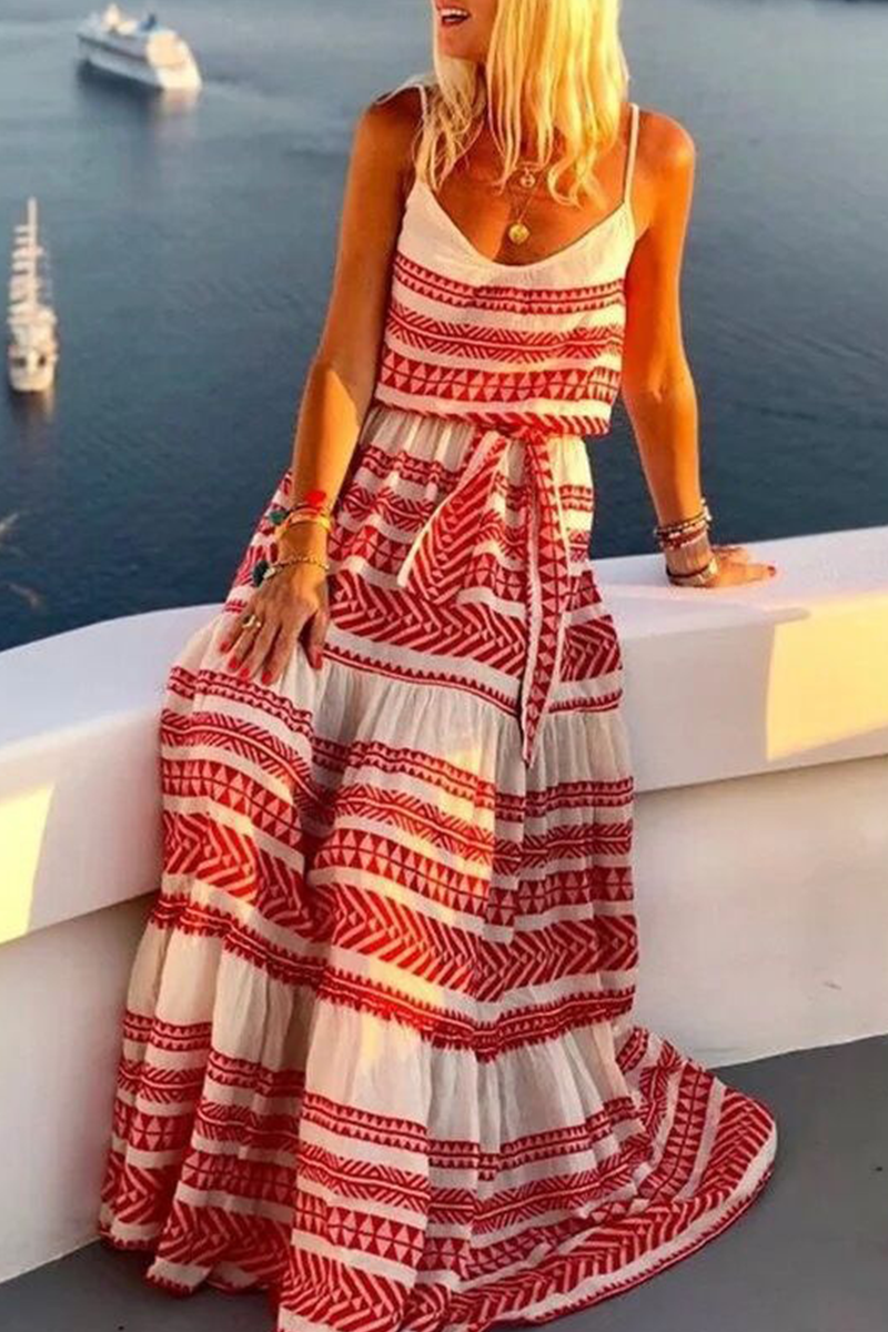 Casual Striped Bandage Spaghetti Strap Cake Skirt Dresses