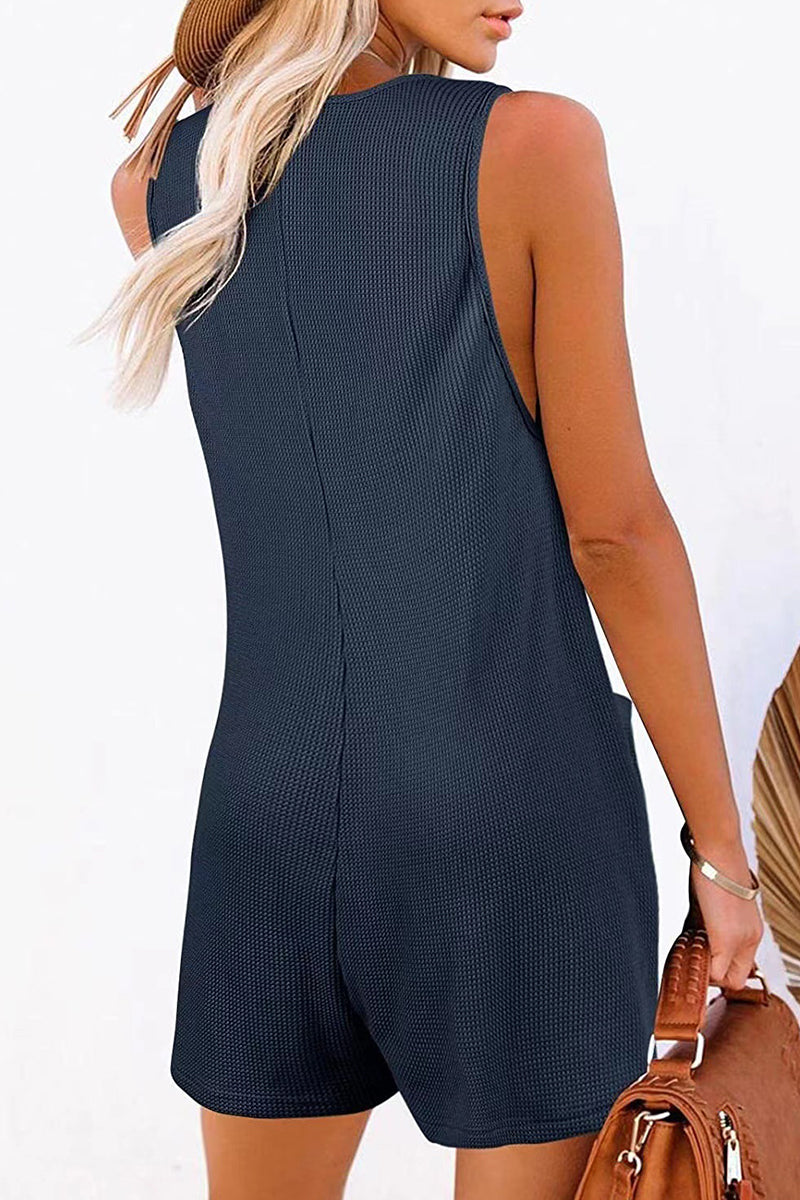 Casual Street Solid Pocket Buttons V Neck Loose Rompers