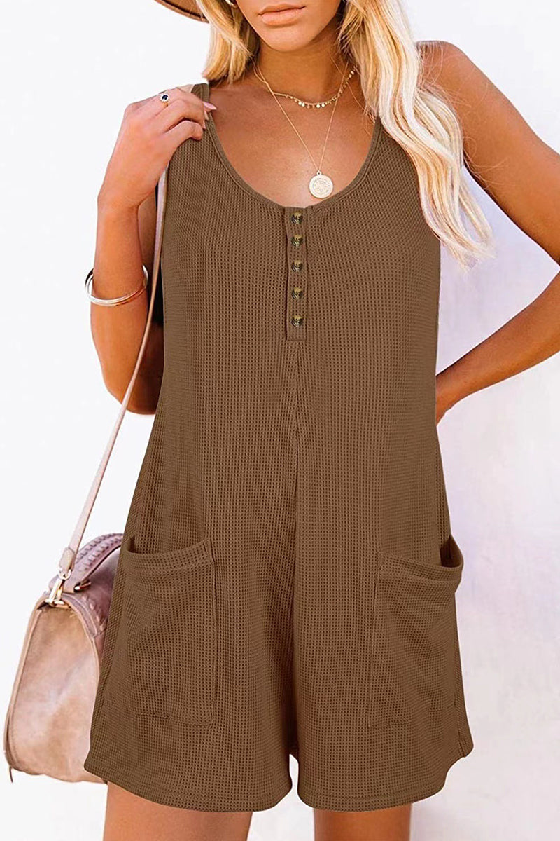 Casual Street Solid Pocket Buttons V Neck Loose Rompers