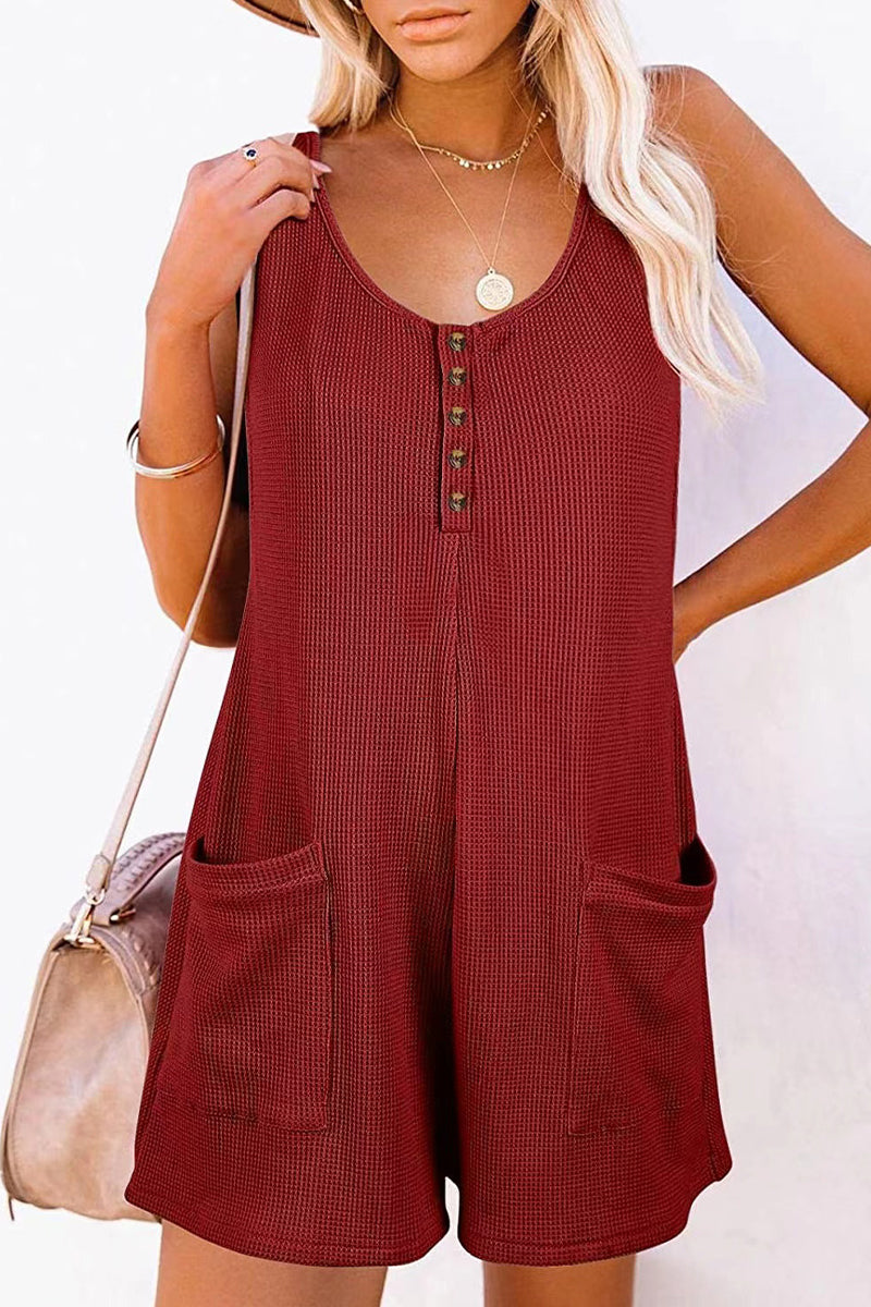 Casual Street Solid Pocket Buttons V Neck Loose Rompers