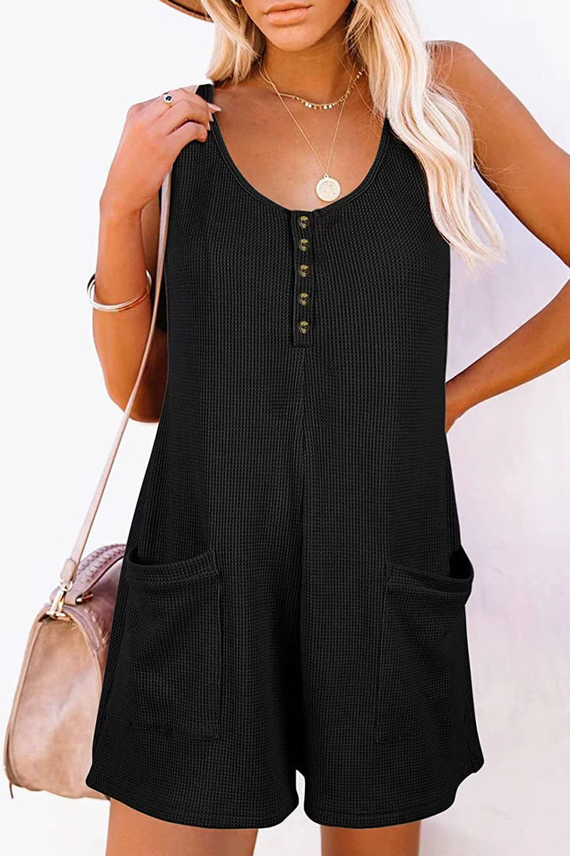 Casual Street Solid Pocket Buttons V Neck Loose Rompers