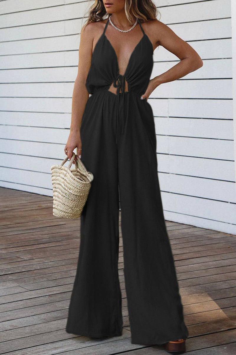 Casual Solid Backless V Neck Regular Jumpsuits