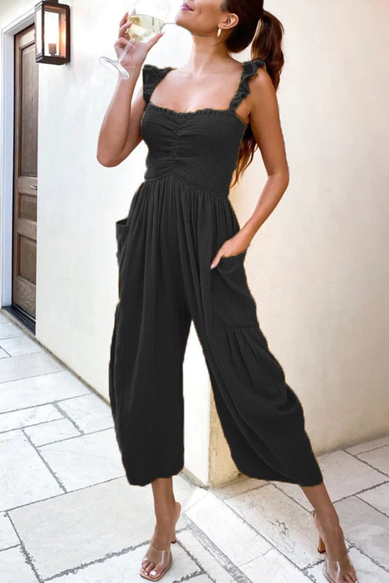 Casual Street Solid Patchwork Pocket Spaghetti Strap Straight Jumpsuits