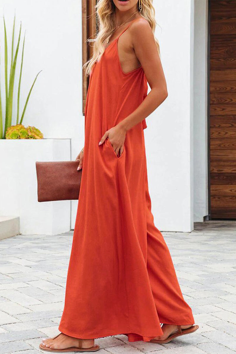 Casual Solid Solid Color V Neck Loose Jumpsuits