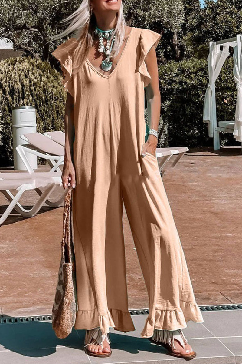 Casual Solid Flounce V Neck Loose Jumpsuits