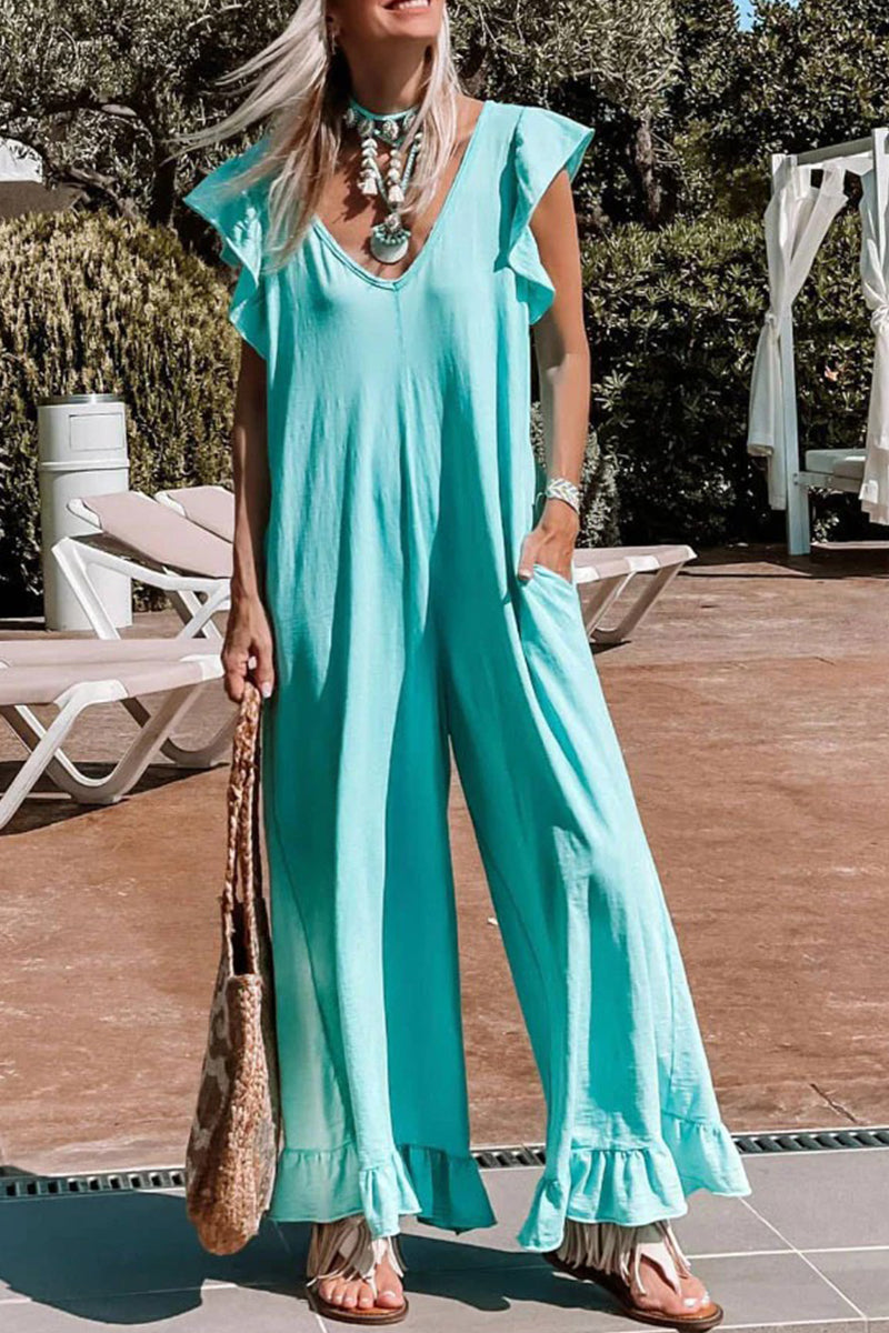 Casual Solid Flounce V Neck Loose Jumpsuits