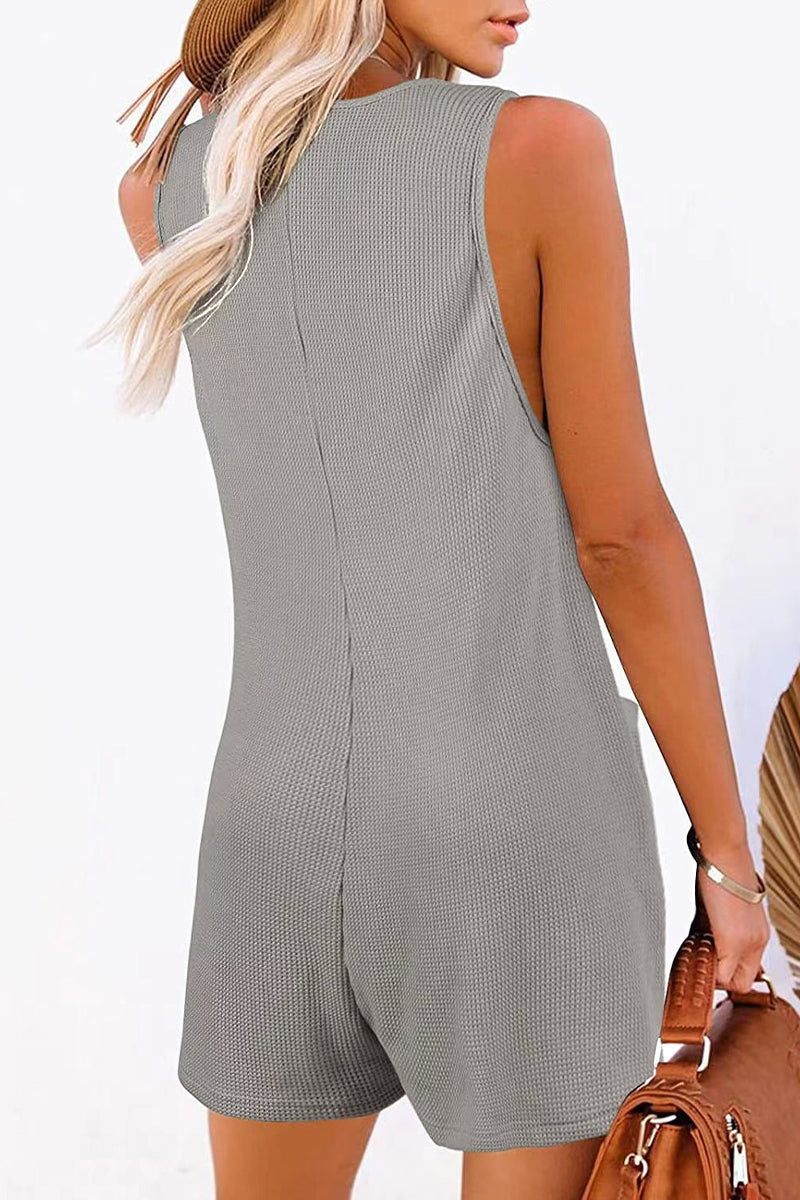 Casual Street Solid Pocket Buttons V Neck Loose Rompers