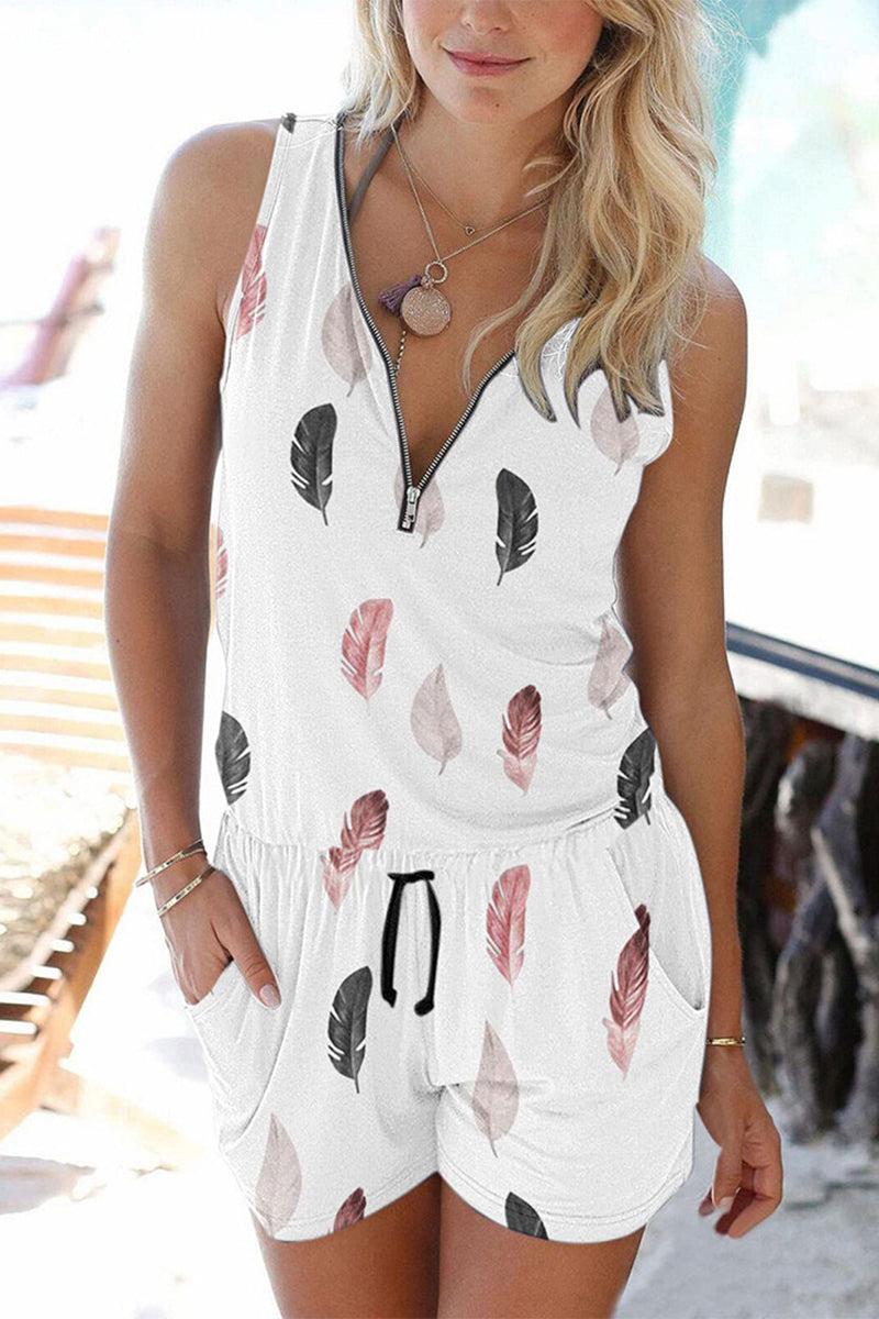 Casual Sportswear Print Pocket Zipper V Neck Loose Rompers