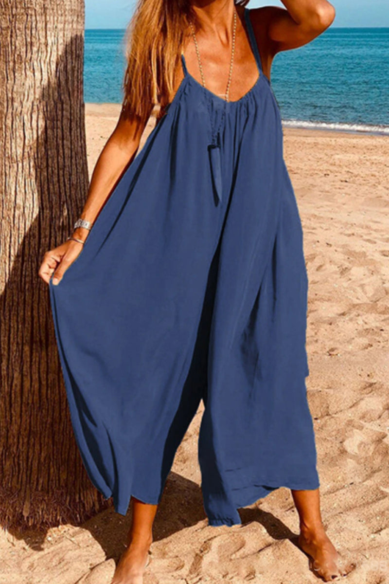 Casual Simplicity Solid V Neck Loose Jumpsuits(6 Colors)