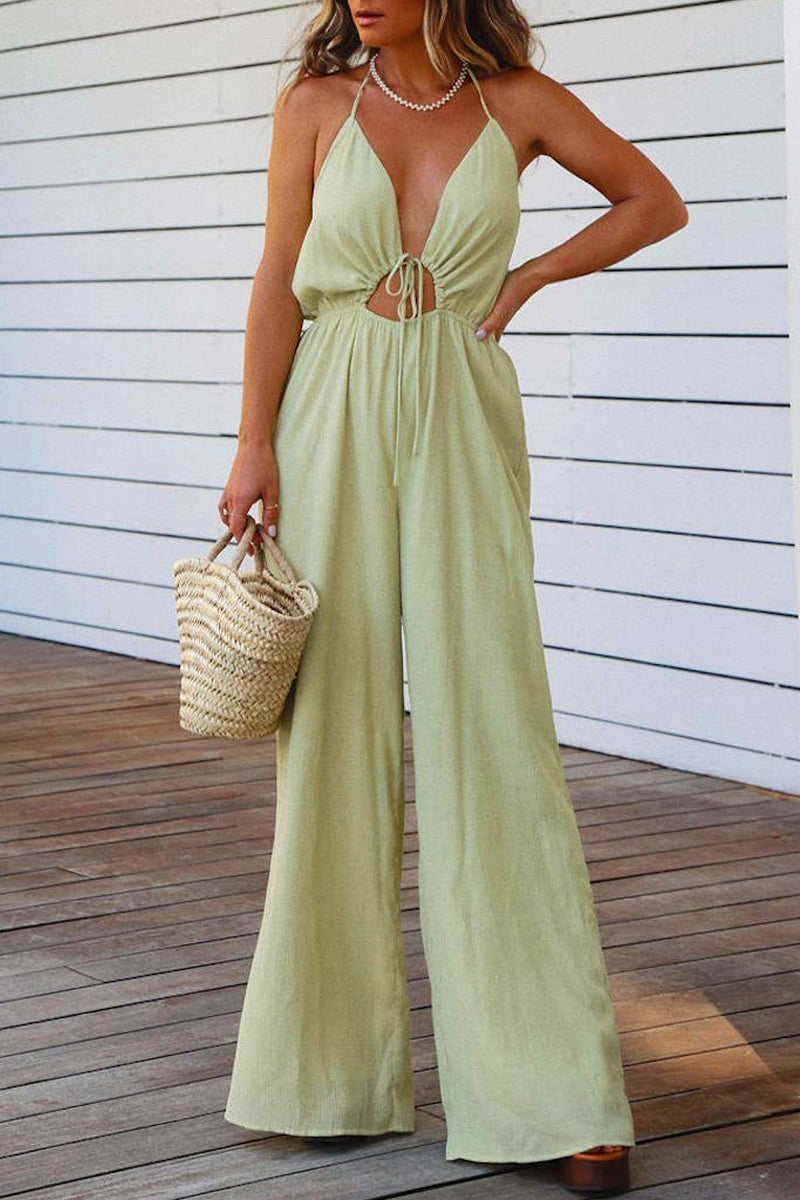 Casual Solid Backless V Neck Regular Jumpsuits