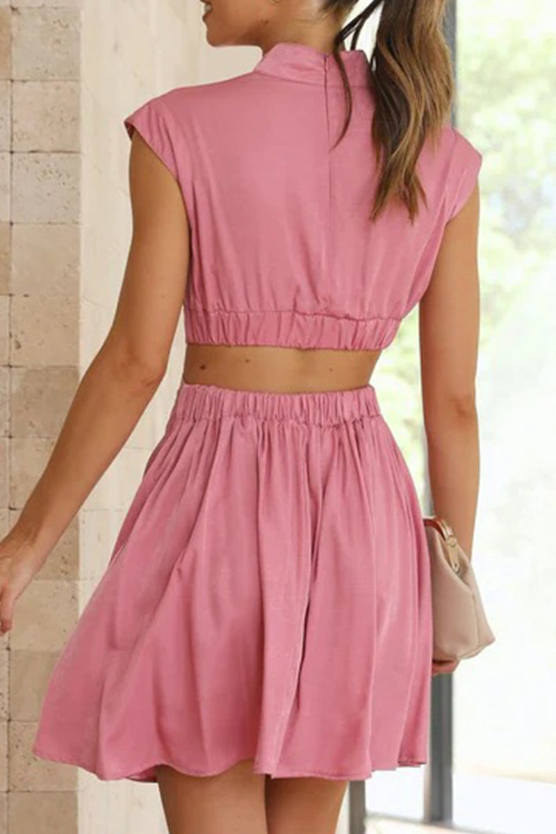 Sweet Elegant Solid Ripped Mandarin Collar Waist Skirt Dresses