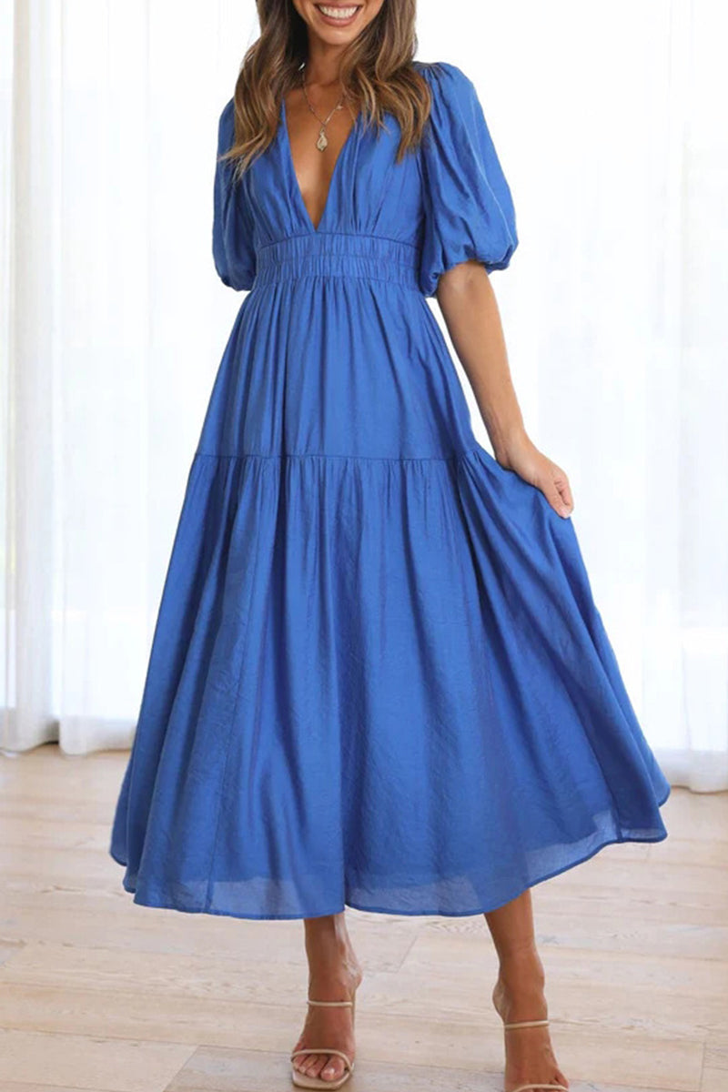 Sweet Elegant Solid Fold V Neck A Line Dresses