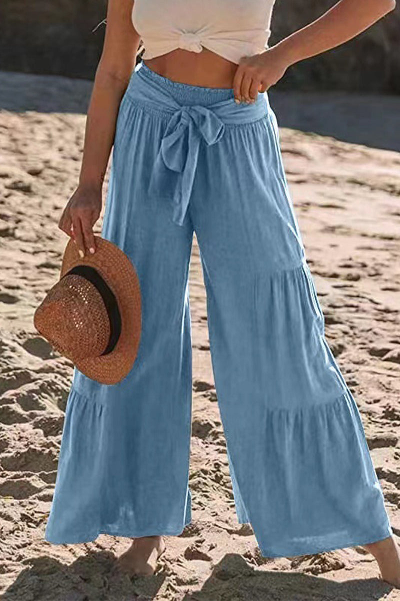 Casual Vacation Solid Bandage Fold Loose High Waist Wide Leg Solid Color Bottoms