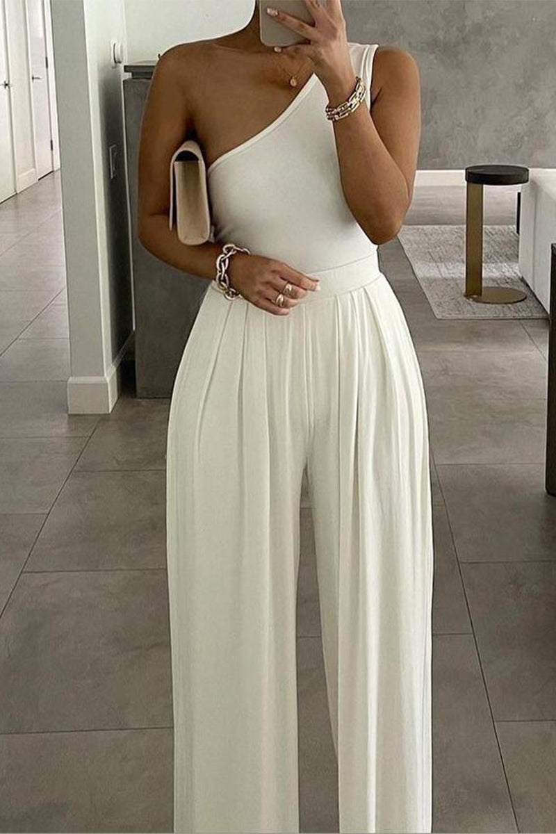 Casual Simplicity Solid Ammetrical Solid Color One Shoulder Loose Jumpsuits