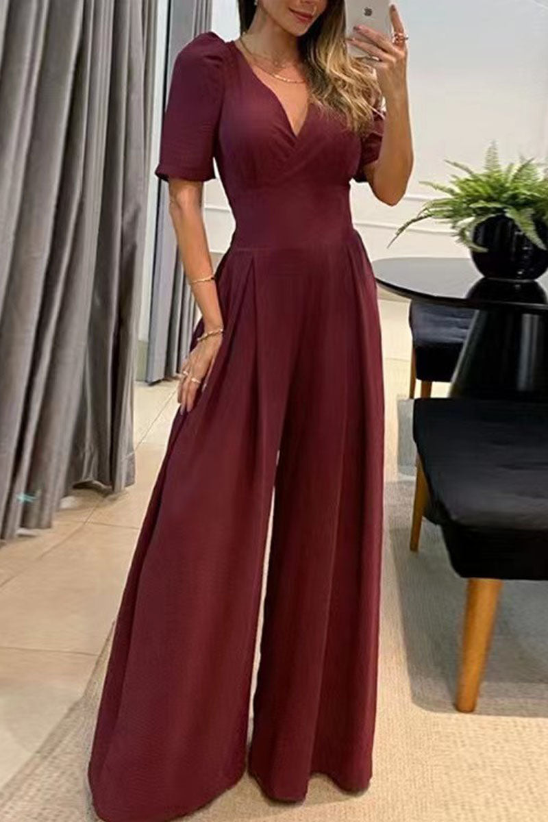 Casual Elegant Solid Pocket V Neck Straight Jumpsuits