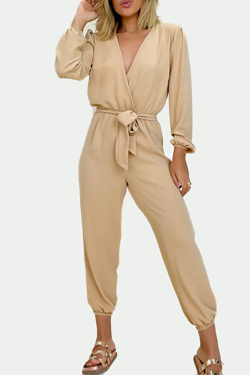 Casual Simplicity Solid Frenulum V Neck Regular Jumpsuits