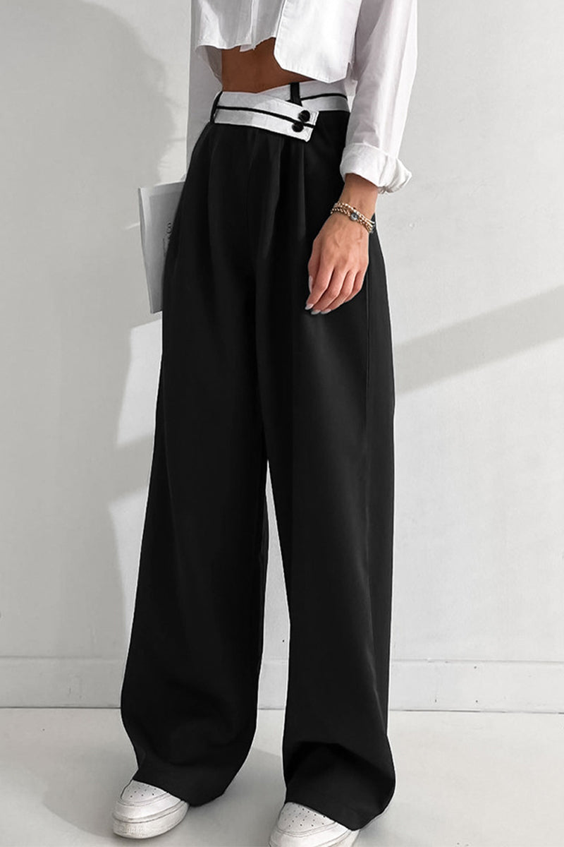 Casual Color Block Patchwork Contrast Loose High Waist Wide Leg Patchwork Bottoms