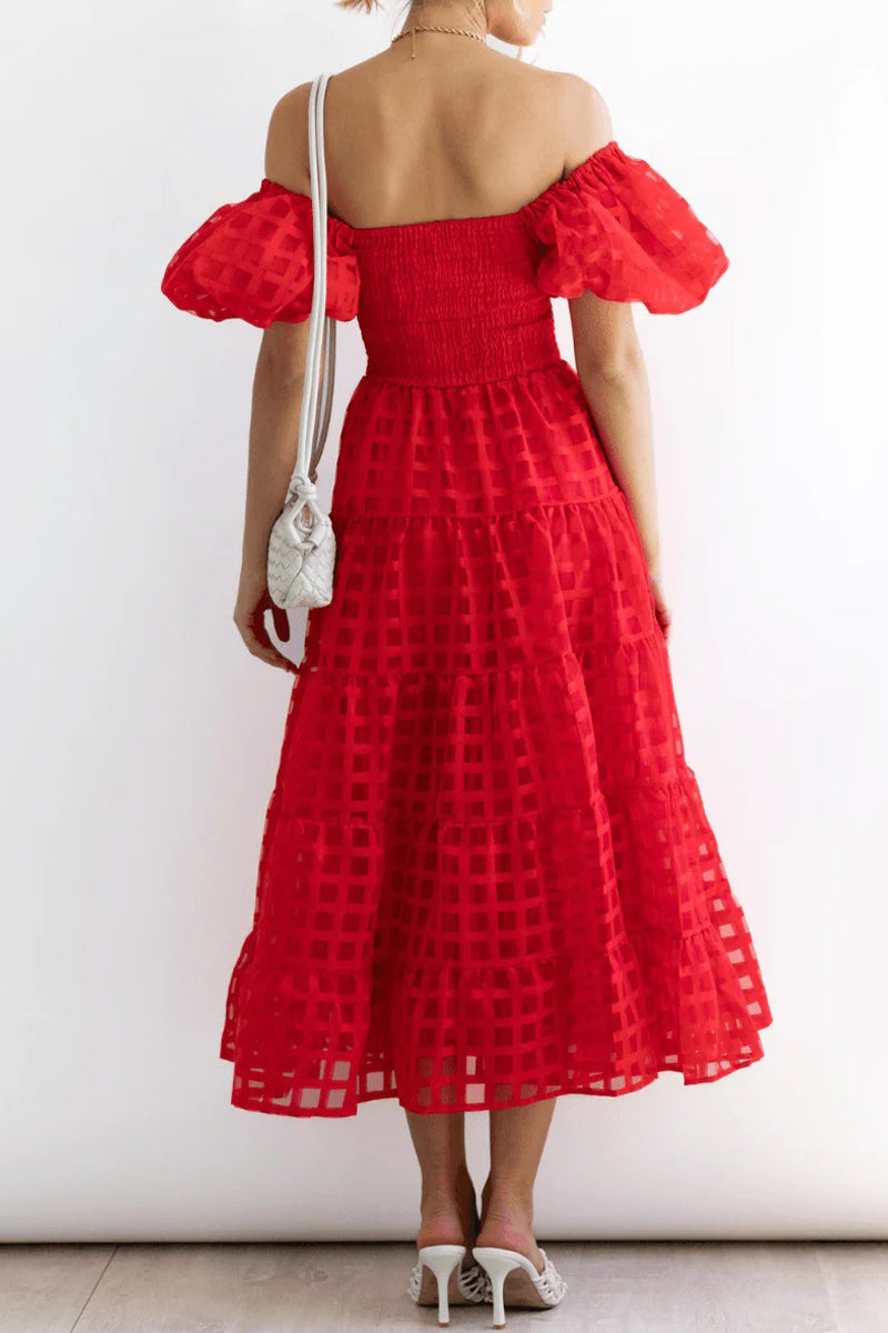 Sweet Elegant Solid Mesh Off the Shoulder Cake Skirt Dresses