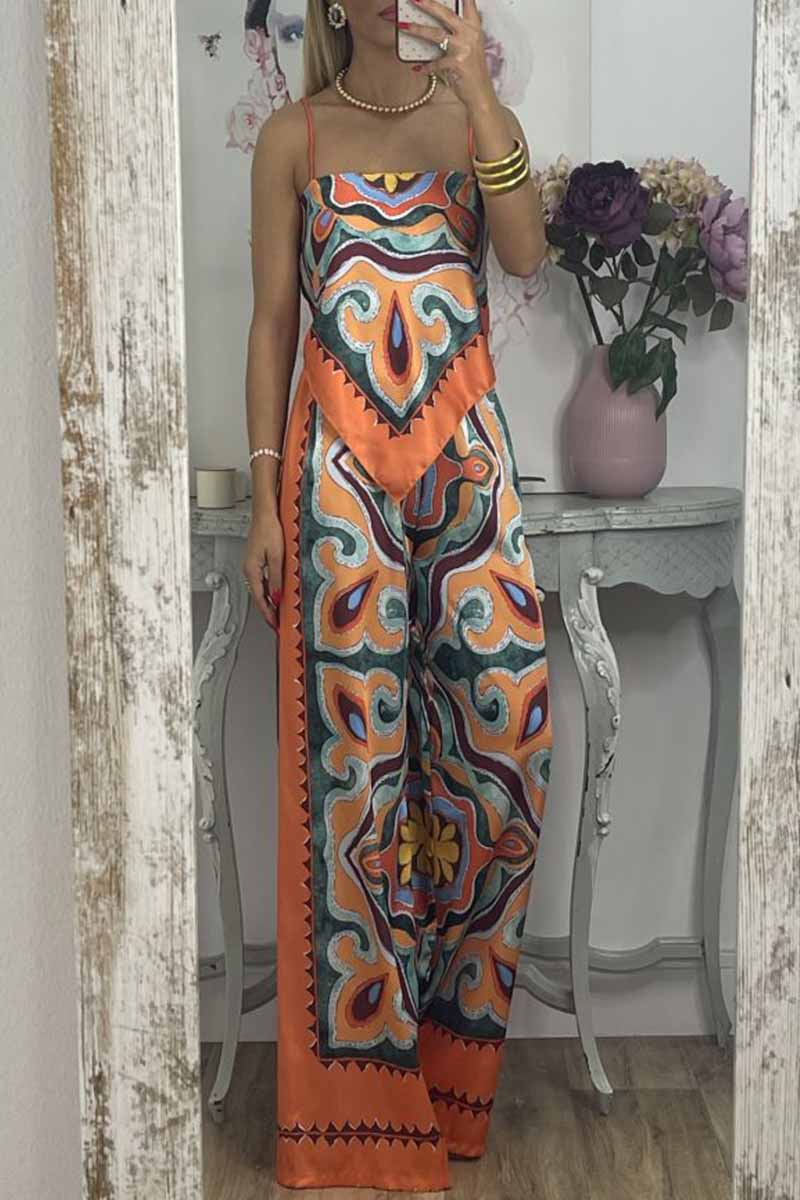 Elegant Print Patchwork Spaghetti Strap Sleeveless Two Pieces(4 Colors)