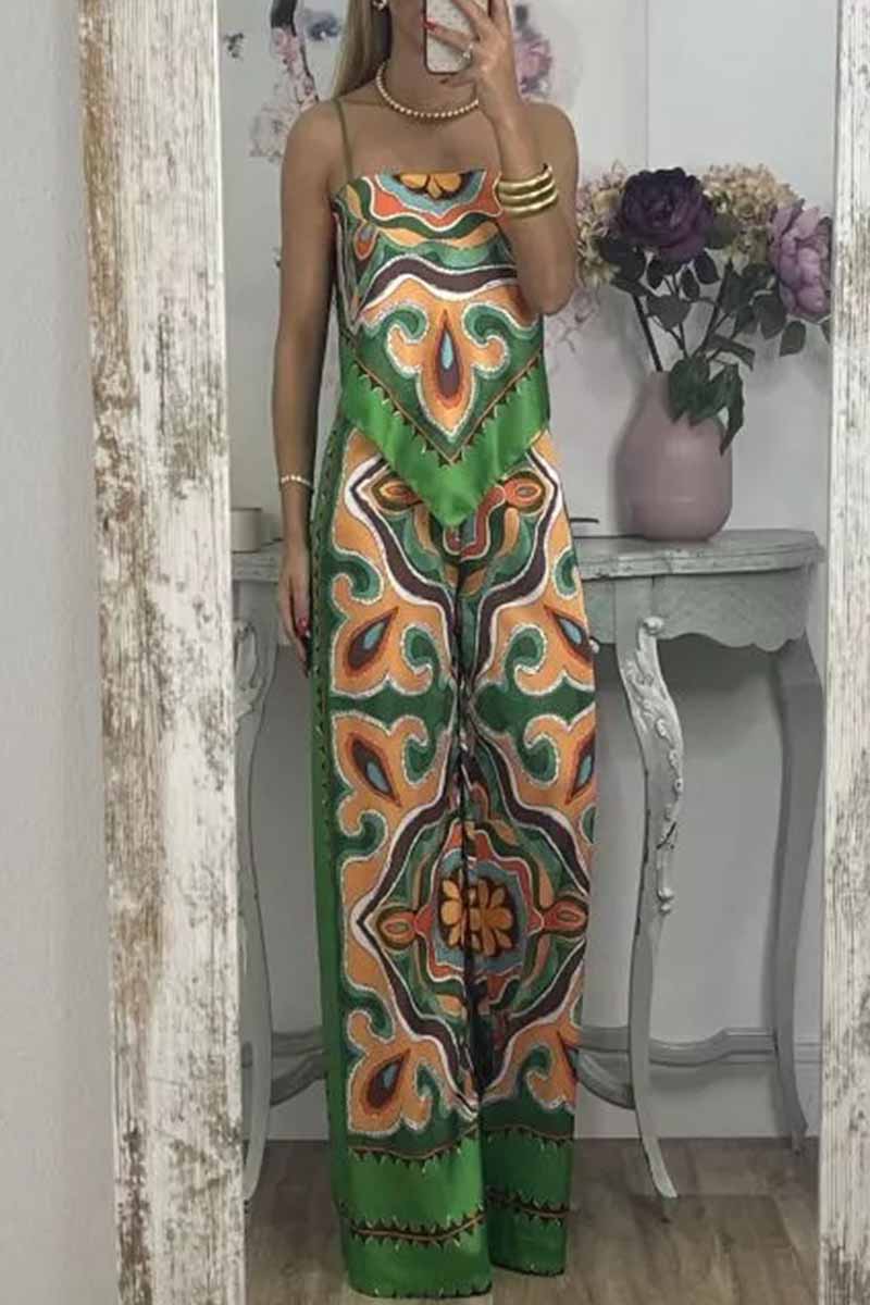 Elegant Print Patchwork Spaghetti Strap Sleeveless Two Pieces(4 Colors)