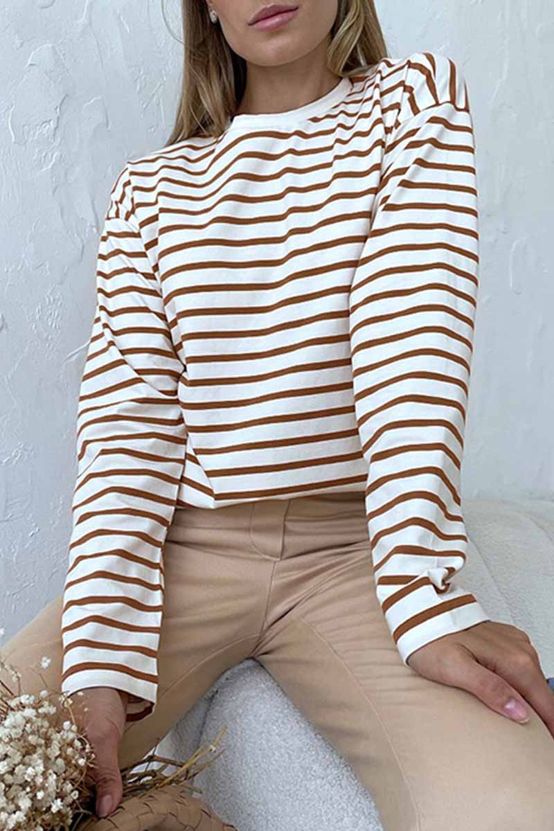 Casual Striped Patchwork O Neck Tops(5 Colors)