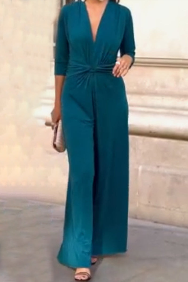 Casual Solid Fold V Neck Jumpsuits